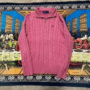 Pink Polo Ralph Lauren cable knit quarter zip sweater size medium luxury preppy